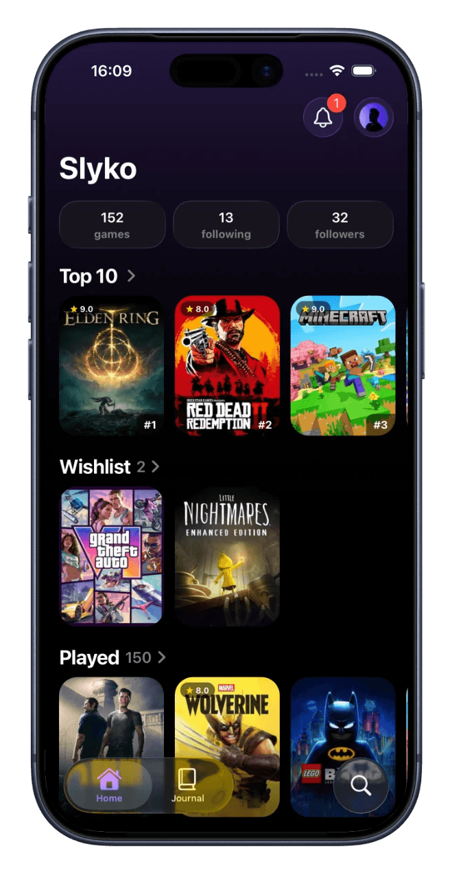 Slyko's home screen: counters, Top 10, wishlist and played games